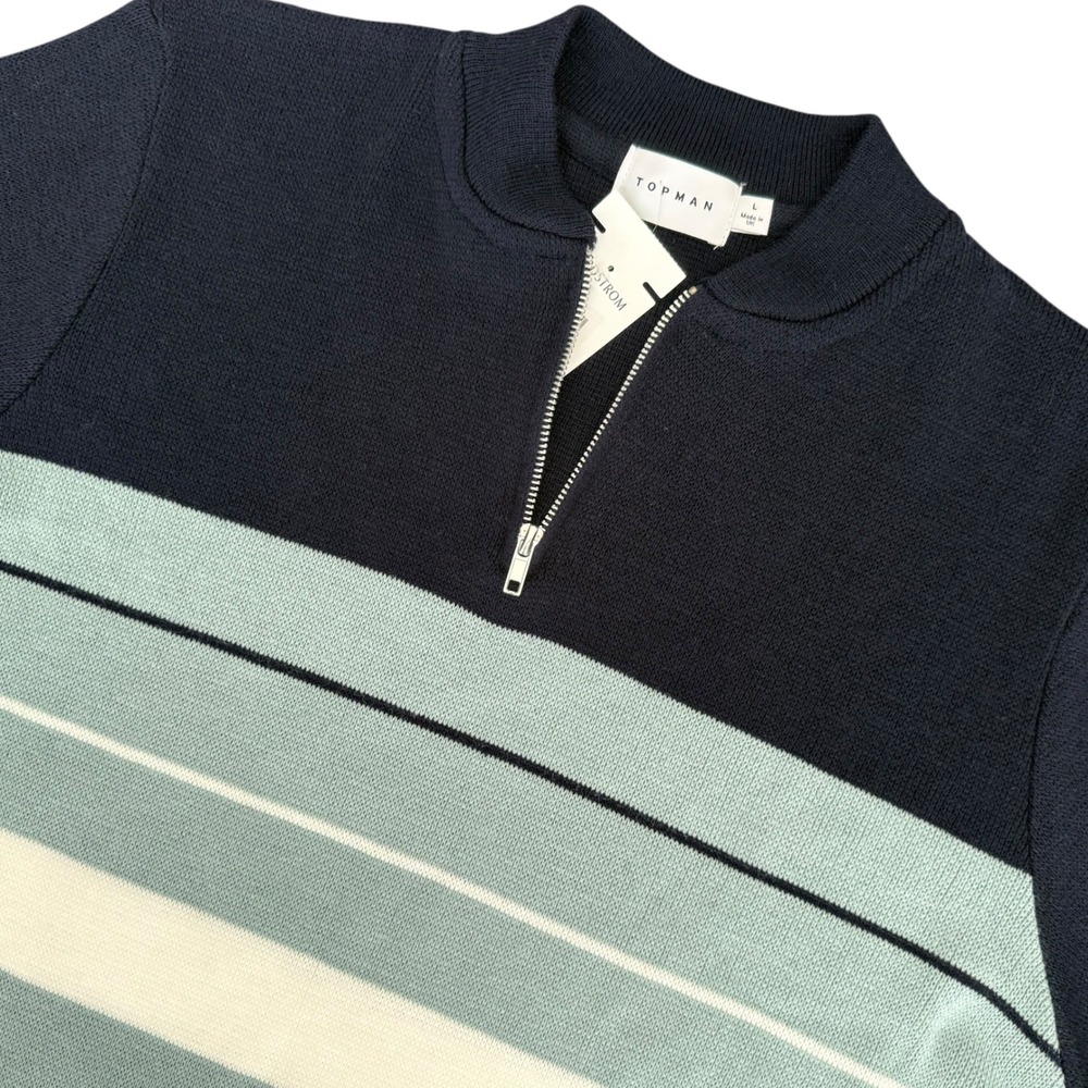 Topman NWT Mens Large Quarter Zip Knit Sweater Short Sleeve Navy Striped  Preppy
